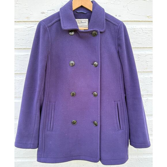 LL Bean Jacket Women M Blue Fleece Peacoat Double Breasted Outdoor Pockets - Picture 1 of 5